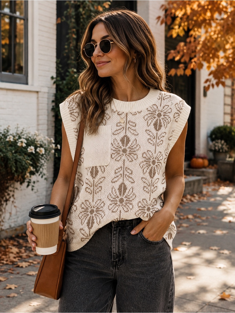 À La Miel Floral Knit Sweater Vest Size M Cream Brown
